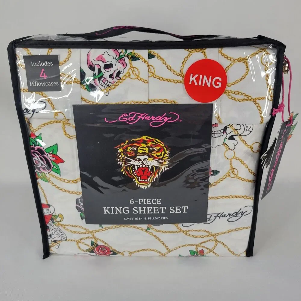 Ed Hardy KING Sheets Set 6pc White Pink Skull Roses Gold Chain Love Kills Tattoo